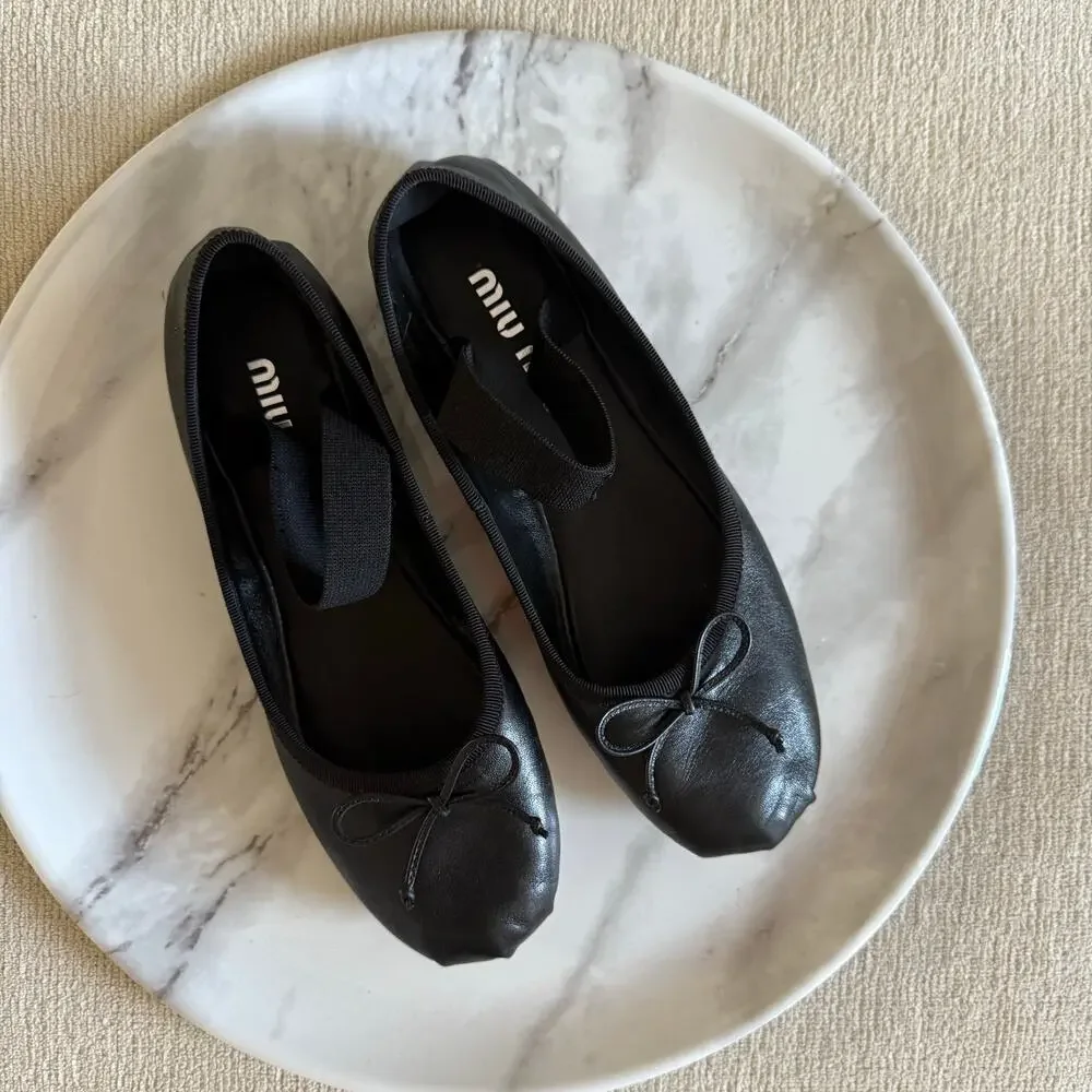 Miu Miu Logo Strap Black Leather Ballet Flats Shoes Black Size 36.5 - Picture 3 of 8